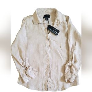 Tahari 100% linen natural button down blouse